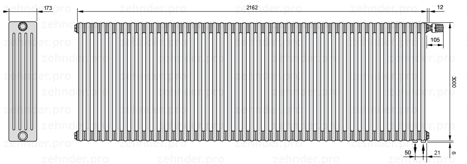 Схема (чертеж) Радиатор Zehnder Charleston 5300/47 №V002 Белый глянцевый RAL 9016